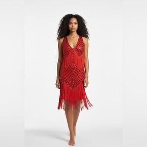 Babeyond Red Flapper Dress Sequin Fringe 1920s Gatsby Costume Womens S